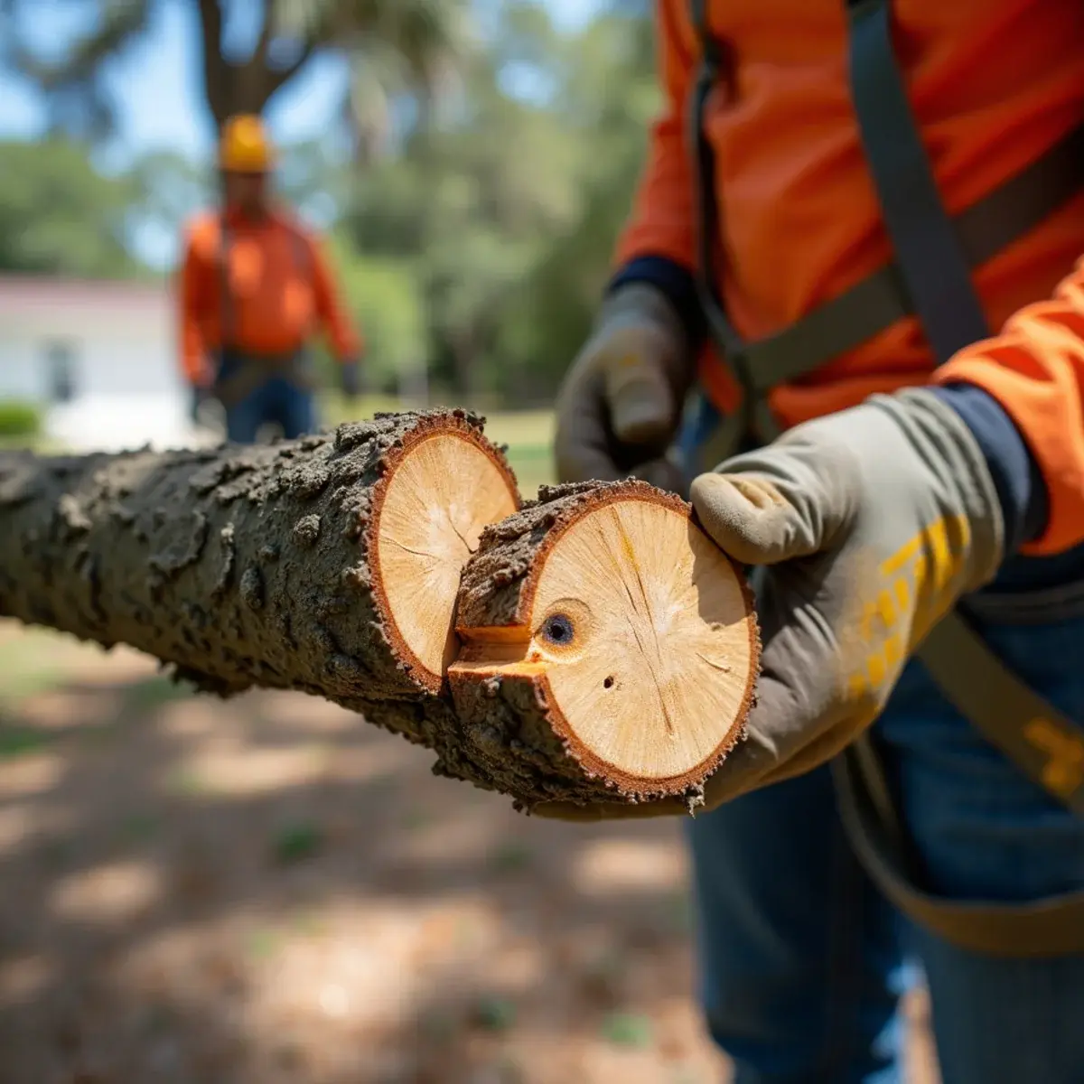 Dark sapwood staining under the bark of a redbay tree infected with laurel wilt disease in Florida