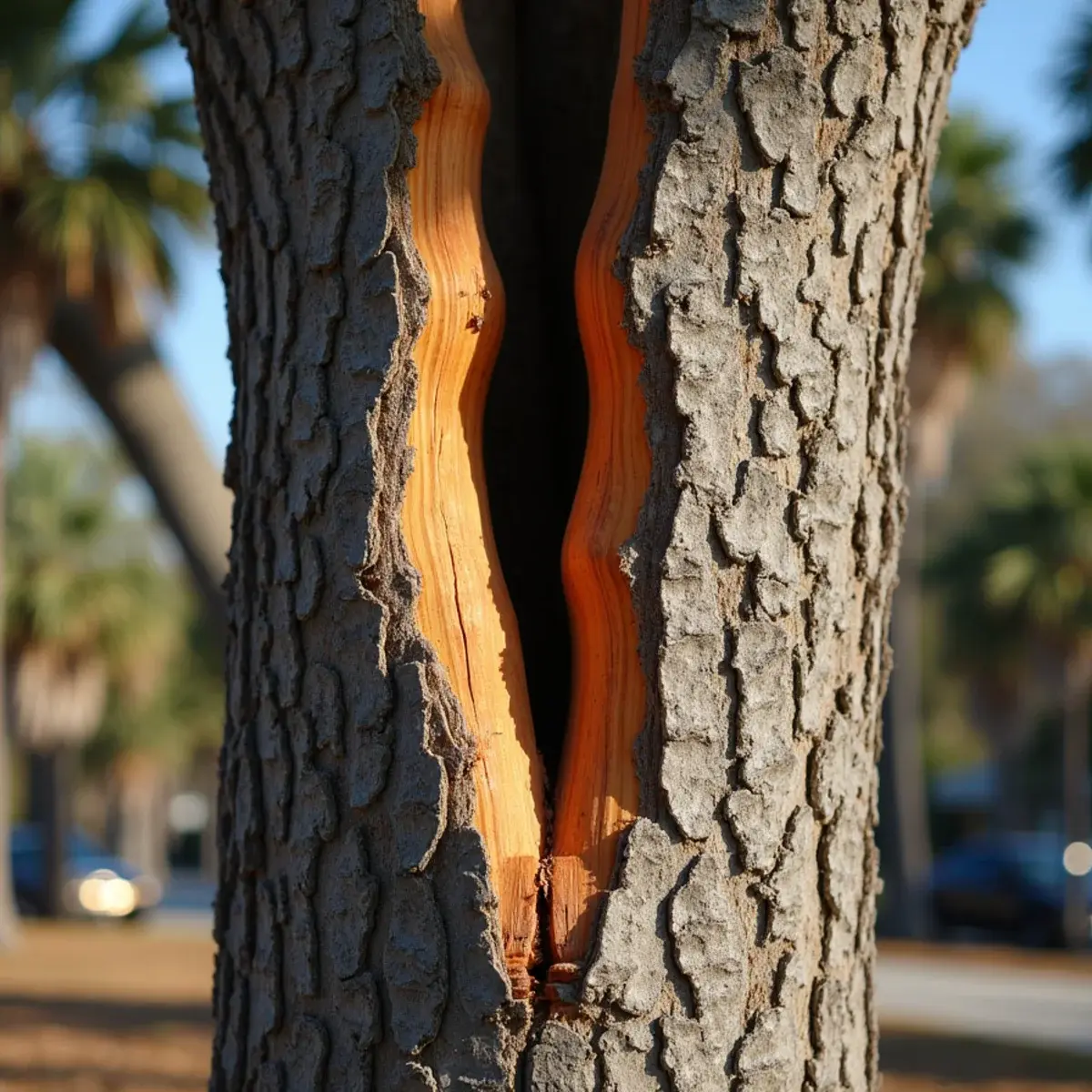 Split union with included bark, signs a tree needs to be removed