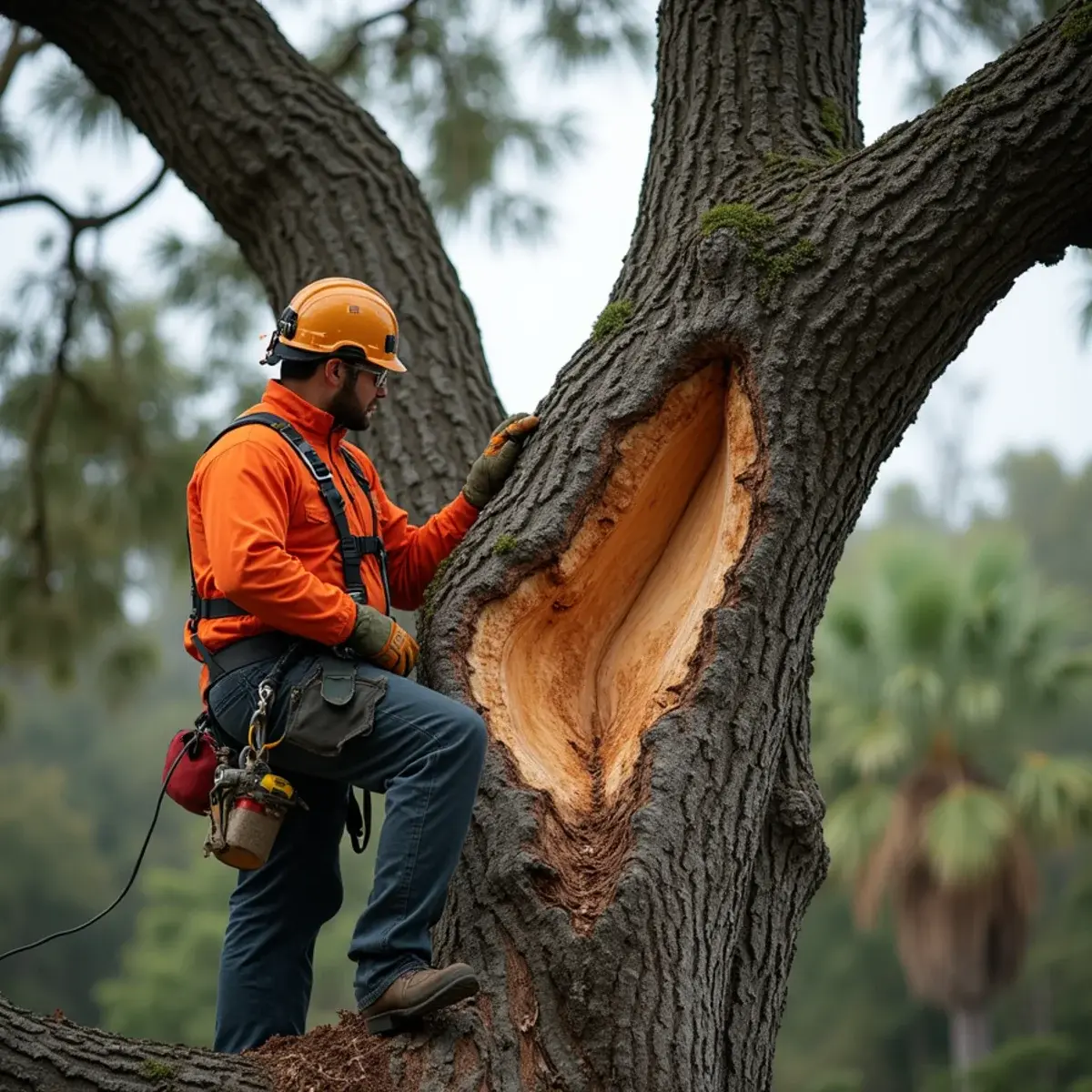 Oak with a split union and torn limb after a Florida storm being assessed by an arborist