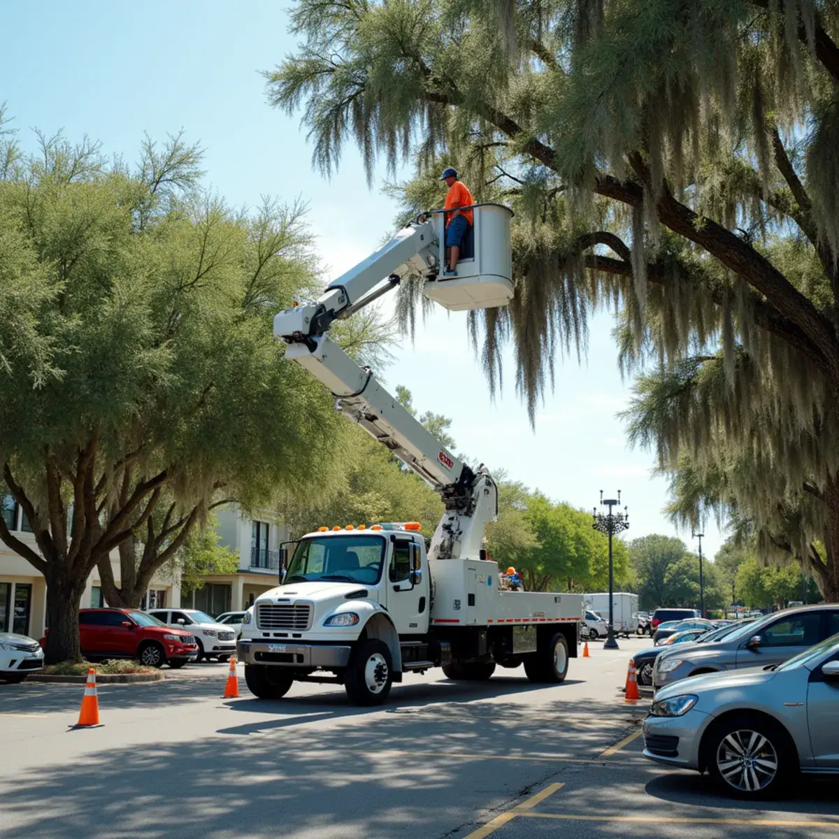 Bucket truck over parking lot, commercial & hoa tree service in St. Augustine, FL