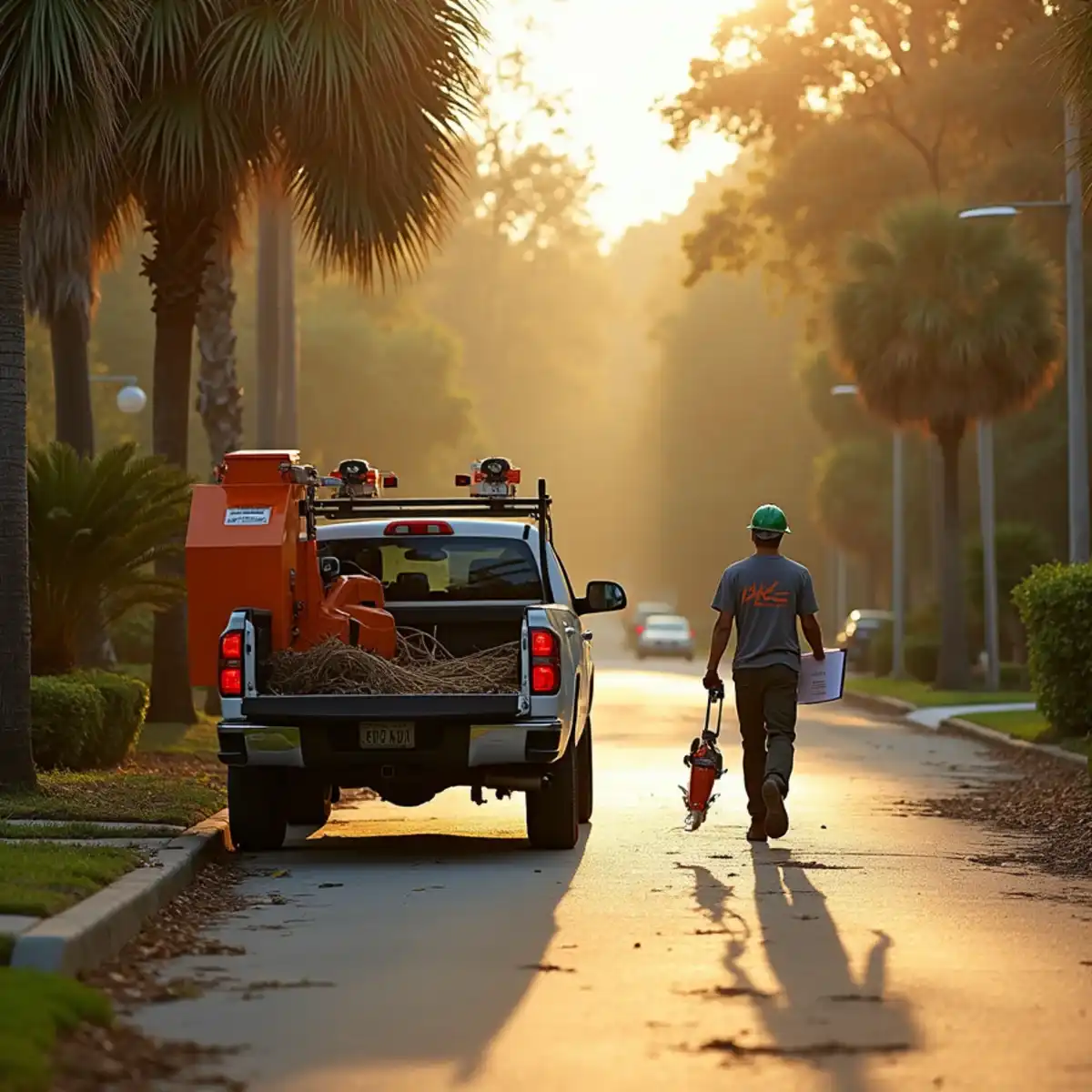 Have Faith Trees truck and chipper parked at a residential job in St. Augustine, Florida