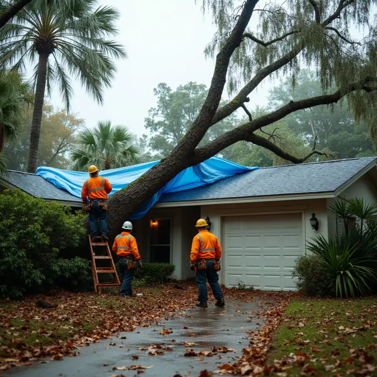 Emergency crew clearing a storm-damaged tree from a roof in St. Augustine, FL after a hurricane