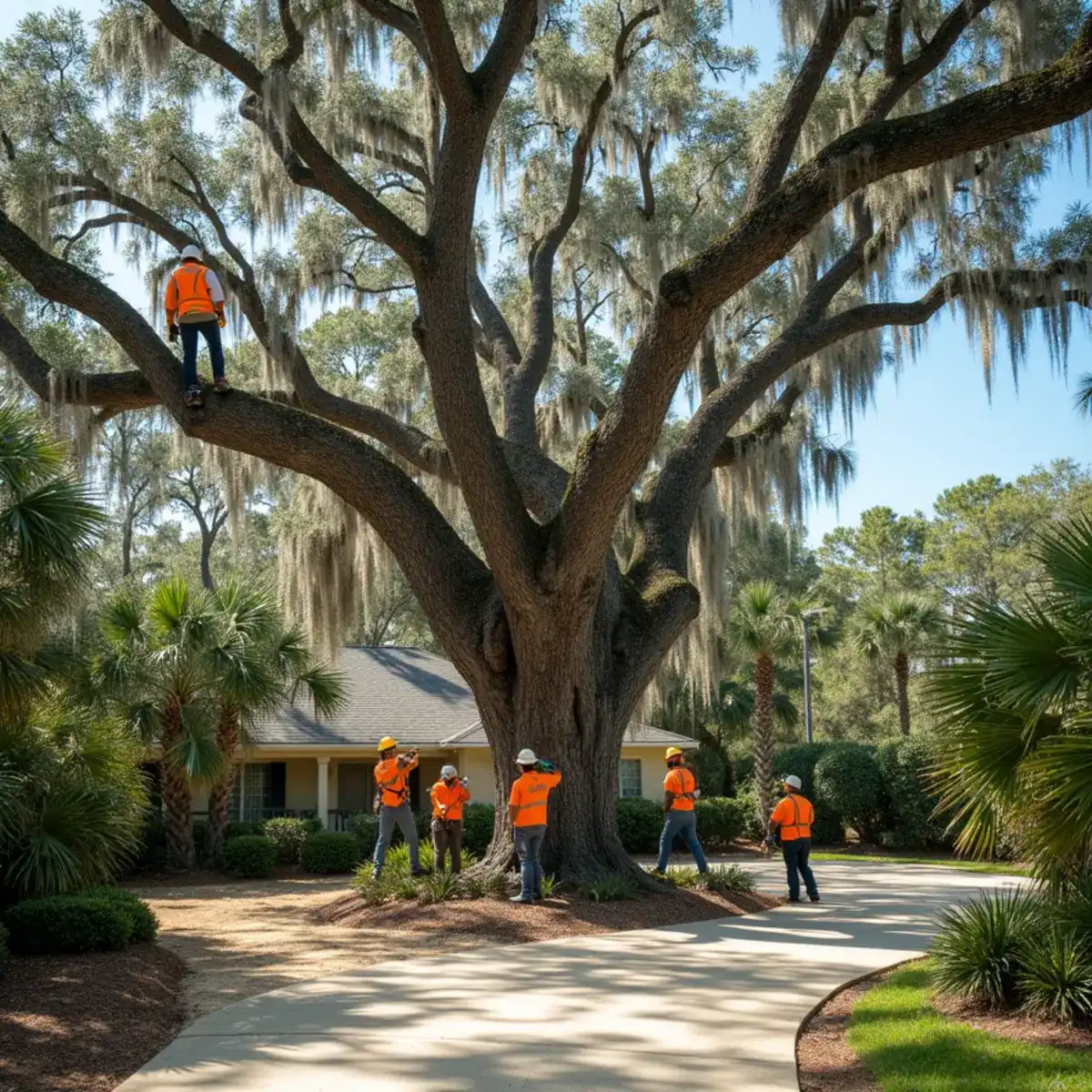 Tree service crew working on mature canopy in Anastasia Island, FL