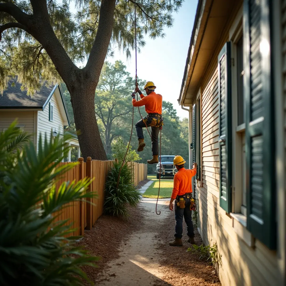 Crew rigging on a tight lot, tree service in St. Augustine, FL