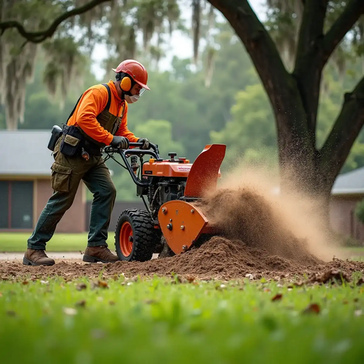 Stump grinder removing an oak stump below grade in a St. Augustine, FL yard