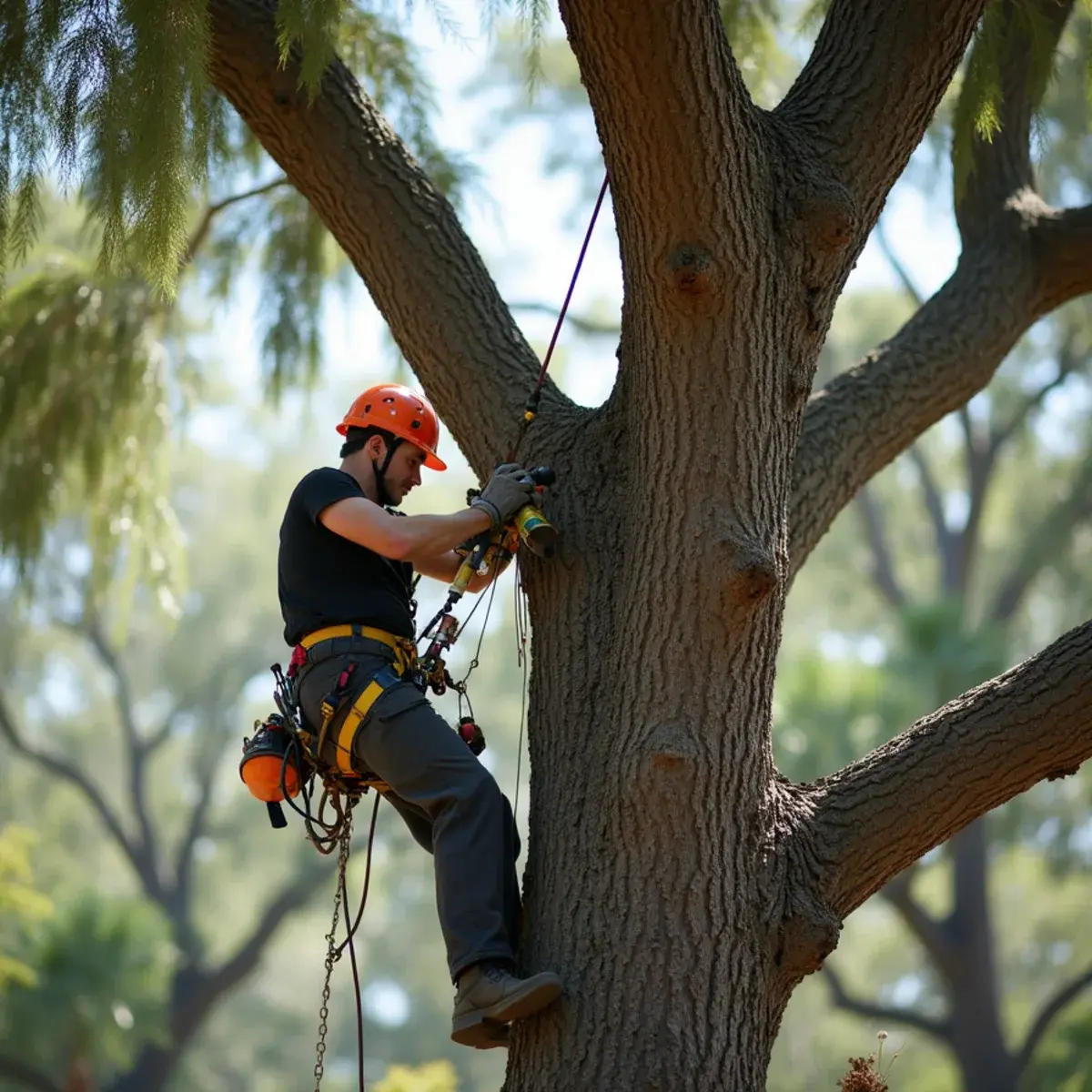 Climber setting hardware, tree cabling & bracing in St. Augustine, FL