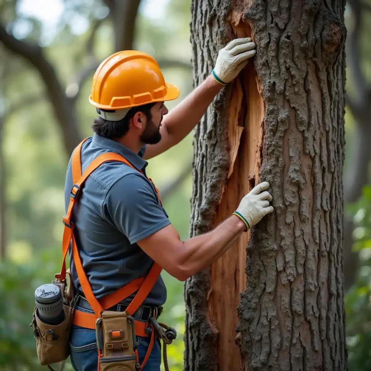 Arborist inspecting fungal decay and beetle damage on an oak trunk in St. Augustine, FL