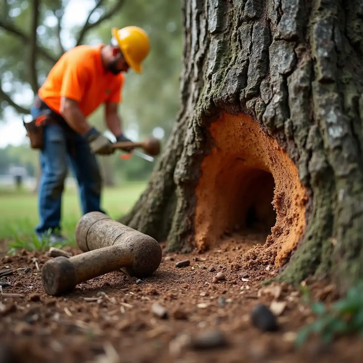 Arborist examining trunk decay on an oak during a tree risk assessment in St. Augustine, FL