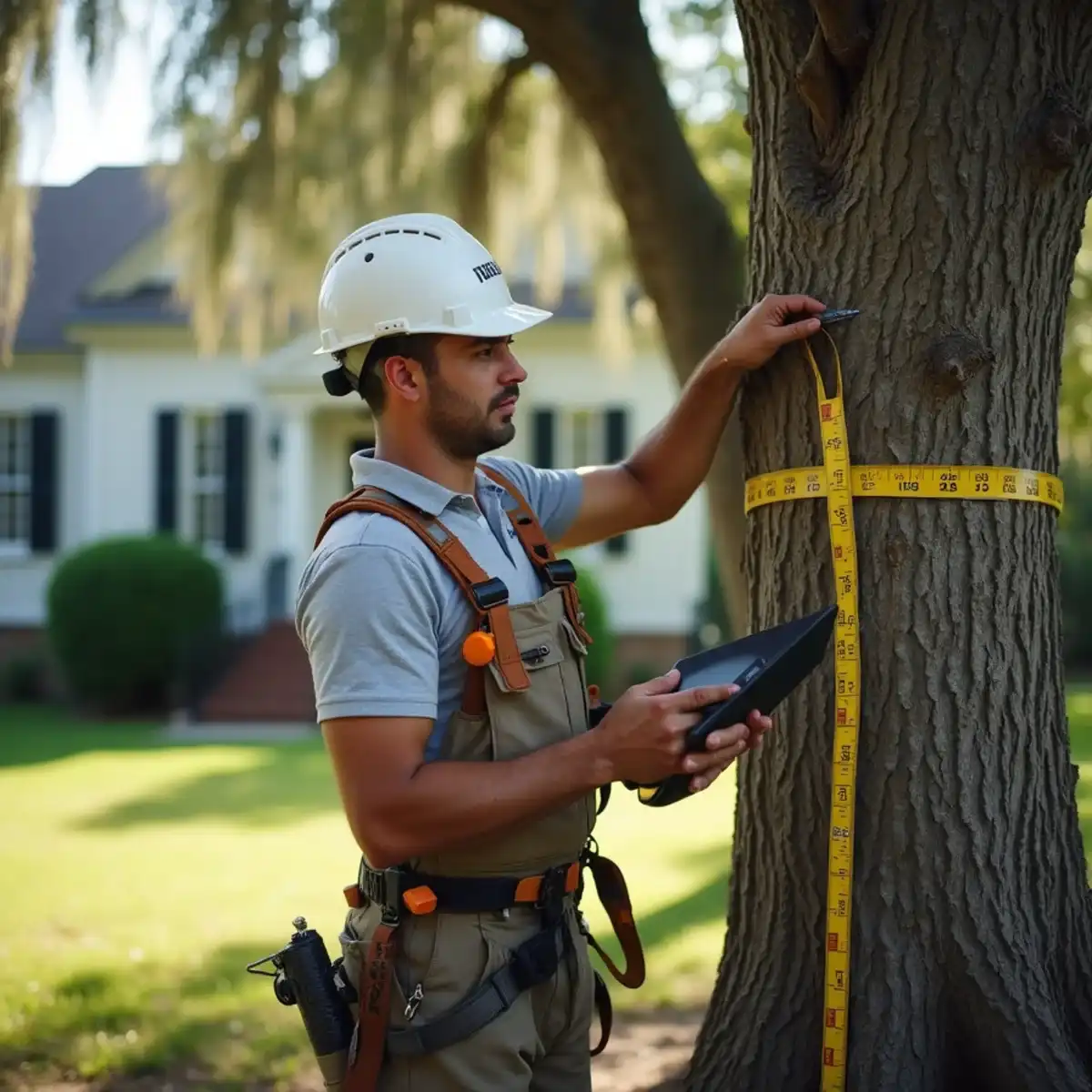 Arborist measuring the trunk diameter of a protected oak for a tree removal permit in St. Augustine, FL