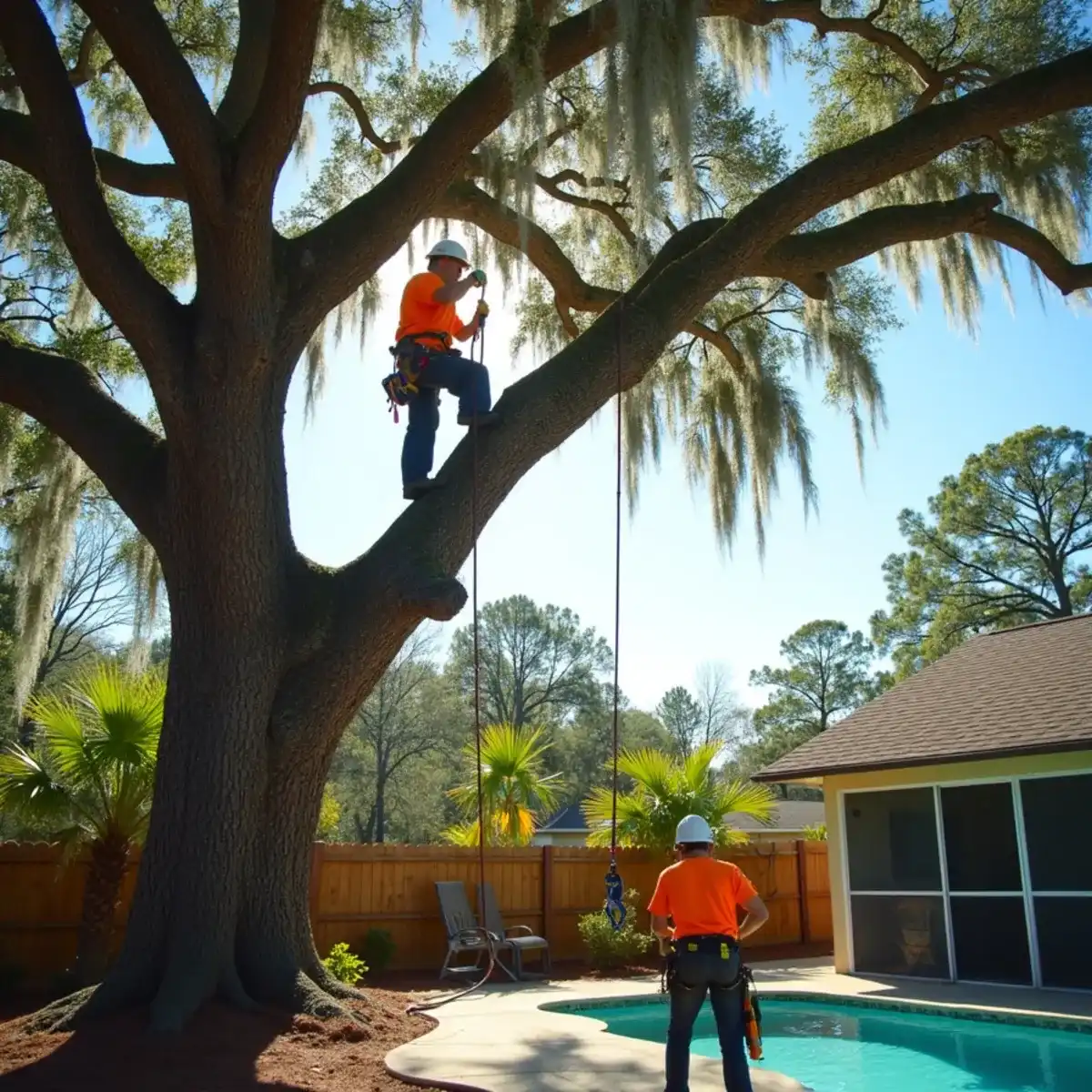 Tree removal crew lowering a large oak limb over a St. Augustine, FL backyard